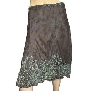 Jon Vintage Women’s Size 6 Brown Mesh Overlay Appliqué Sequin Hem Flare Skirt